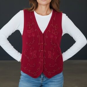 VINTAGE REQUIREMENTS WINE RED BEADED KNIT SWEATER VEST Holiday Floral Size M